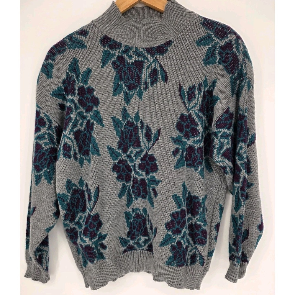 Women's Vintage Rose Print Sweater Raglan Sleeve Mock Turtleneck L
